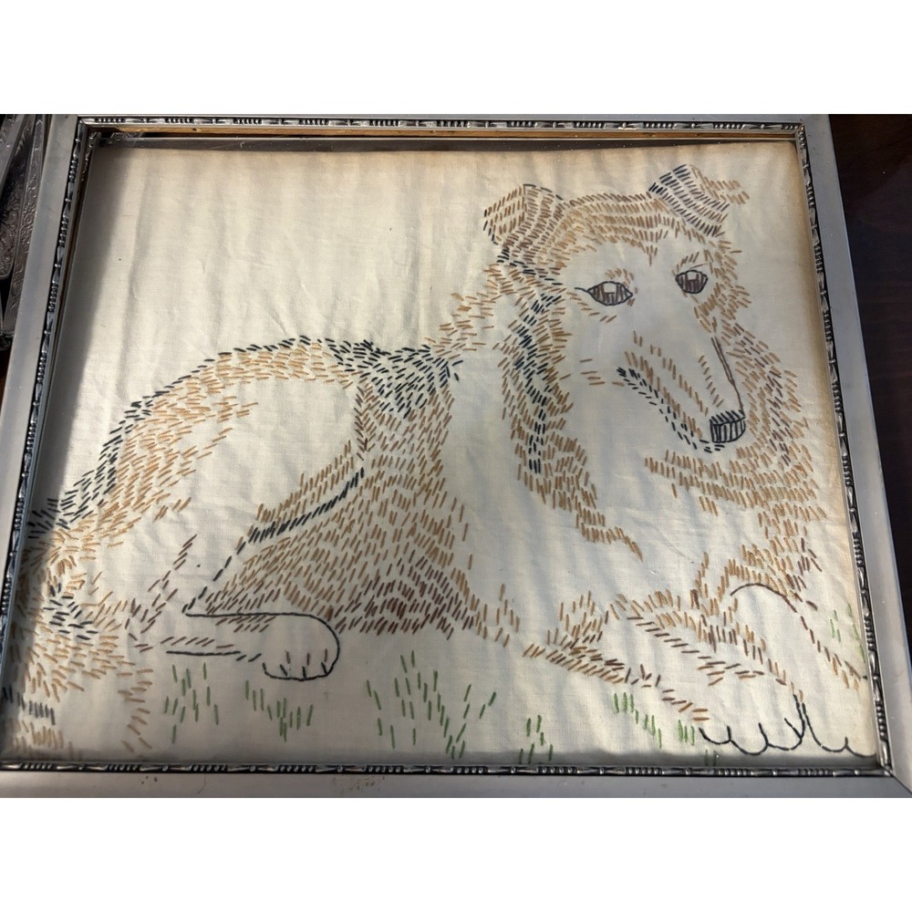 Vintage Hand Embroidered Collie Dog Portrait Framed Textile Art 12x10 Folk Art - Picture 4 of 6